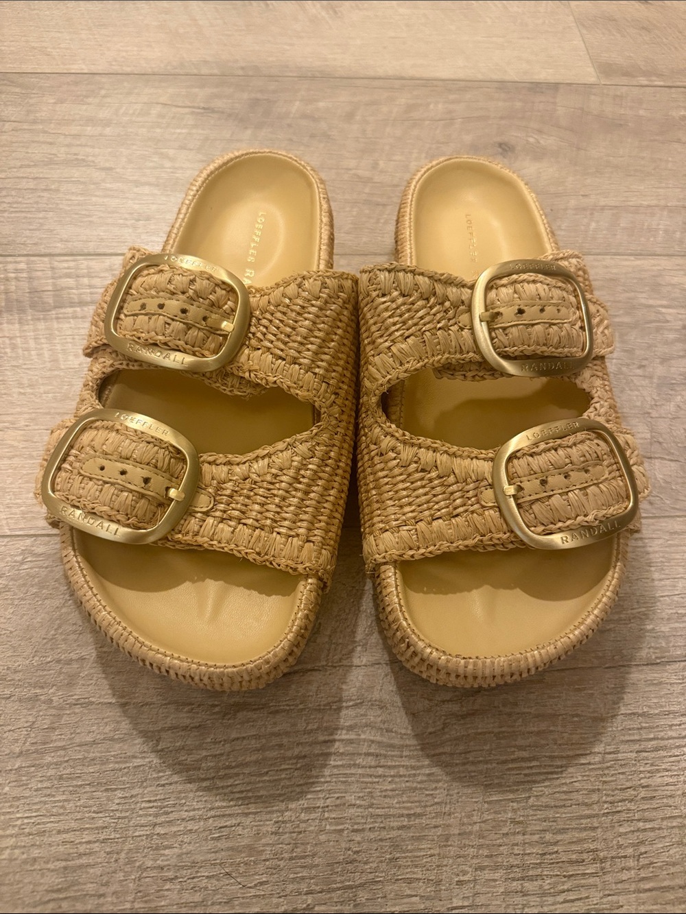 Loeffler Randall Nico Natural Two-Band Woven Sandals with Gold Buckles
